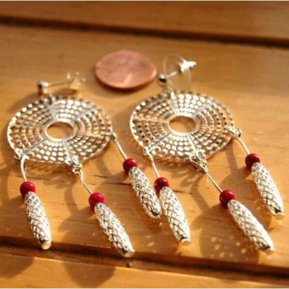 Handmade Funky Abstract Silver Plated Pink Fossil Stone Dreamcatcher Earrings - Picture 2 of 5